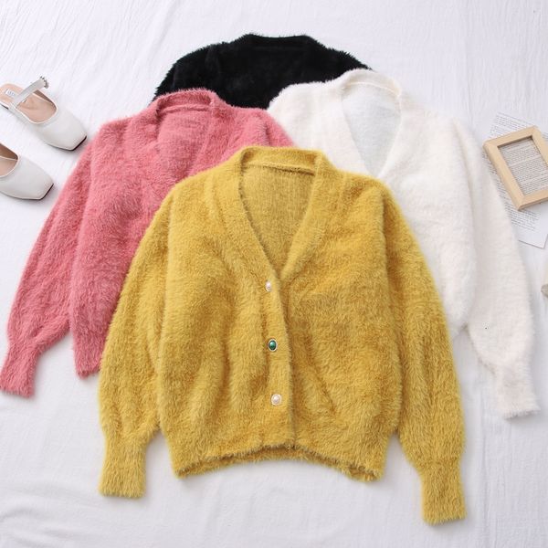 2021 spring autumn short cardigan sweater women long sleeved v neck button up furry sweaters woman korean knit jacket hu0a, White;black 
2021 spring autumn short cardigan sweater women long sleeved v neck button up furry sweaters woman korean knit jacket hu0a, White;black