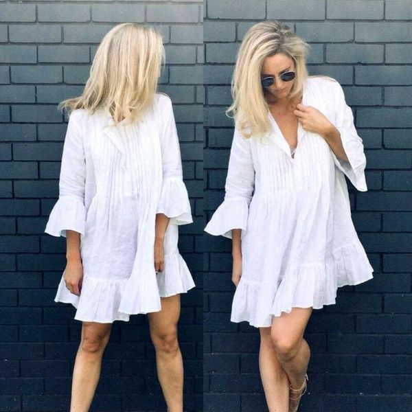 women's swimwear women solid color mini dress bikini cover up sarong holiday kaftan loose beach wear, White;black
women's swimwear women solid color mini dress bikini cover up sarong holiday kaftan loose beach wear, White;black