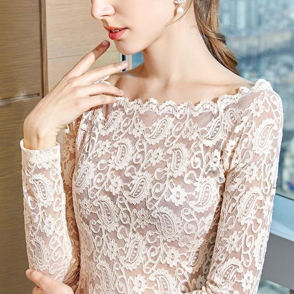 women blouses lace blouse spring transparent bottoming long sleeve slash neck ladies elegant shirts, White
women blouses lace blouse spring transparent bottoming long sleeve slash neck ladies elegant shirts, White