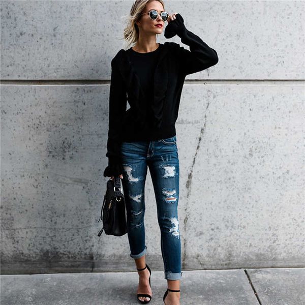 and erfst winter casual fashion women long shirt wooden ear trumpet mouwen around the neck trui losse t-shirt top, White
and erfst winter casual fashion women long shirt wooden ear trumpet mouwen around the neck trui losse t-shirt top, White