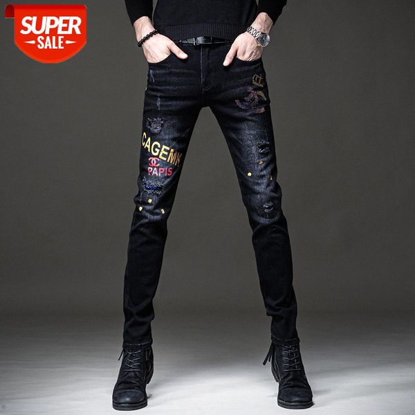 men's and women's thin diamond jeans printing slim fit feet casual long pants men #t33q, Blue