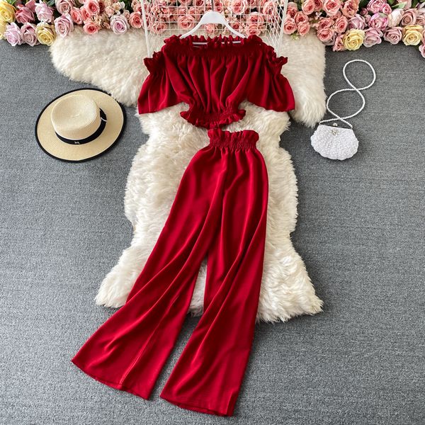 spring summer green/black/red two piece set women slash neck short + high waist wide leg pants female suit new 2021, Black;gray
spring summer green/black/red two piece set women slash neck short + high waist wide leg pants female suit new 2021, Black;gray