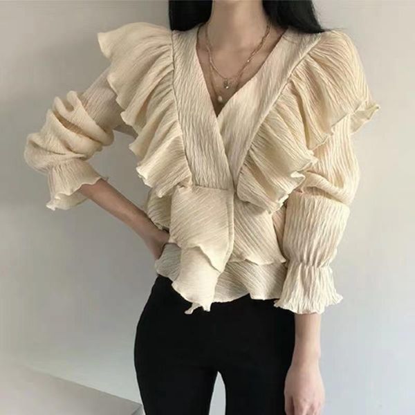 women's blouses & shirts women korea chic v-neck high waist flared sleeve shirt wrinkle ruffle stitching female blusas de mujer drop 1, White
women's blouses & shirts women korea chic v-neck high waist flared sleeve shirt wrinkle ruffle stitching female blusas de mujer drop 1, White