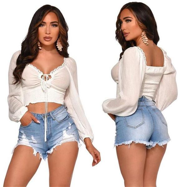 women's blouses & shirts 2021 long sleeves lace women solid color off shoulder bandage, White
women's blouses & shirts 2021 long sleeves lace women solid color off shoulder bandage, White