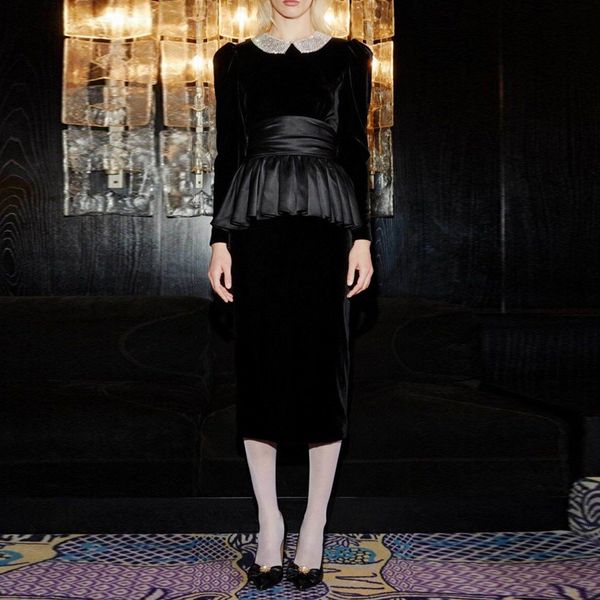 designer autumn new women's slim fashion vintage elegant chic stitching black velvet midi dress fp12, Black;gray
designer autumn new women's slim fashion vintage elegant chic stitching black velvet midi dress fp12, Black;gray