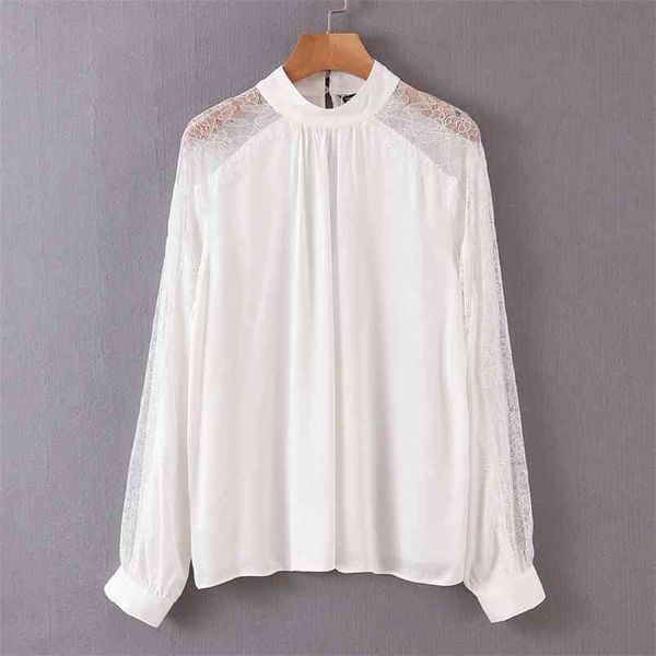 chic lace spliced blouse women fashion casual loose o neck elegant ladies long sleeve shirts 210531, White
