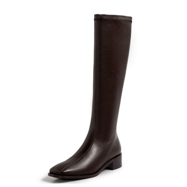 real leather women knee boots flats square toe zipper shoes warm winter boots women fashion footwear size 33-40, Black