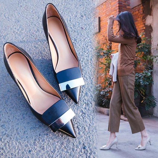 cowhide metal shallow thin heel pointed women's summer autumn high-heeled shoes, Black
cowhide metal shallow thin heel pointed women's summer autumn high-heeled shoes, Black