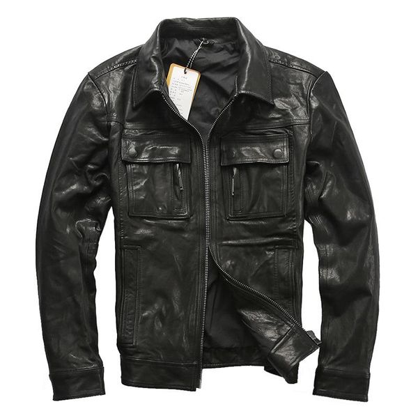 men's leather & faux vegetable tanned genuine sheepskin coat lapel casual short locomotive jacket trendy, Black
men's leather & faux vegetable tanned genuine sheepskin coat lapel casual short locomotive jacket trendy, Black