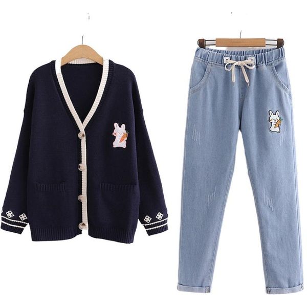 women's two piece pants 2021 set women embroidery v-neck knitted cardigan and elastic waist denim pant sets girls suit, White
women's two piece pants 2021 set women embroidery v-neck knitted cardigan and elastic waist denim pant sets girls suit, White