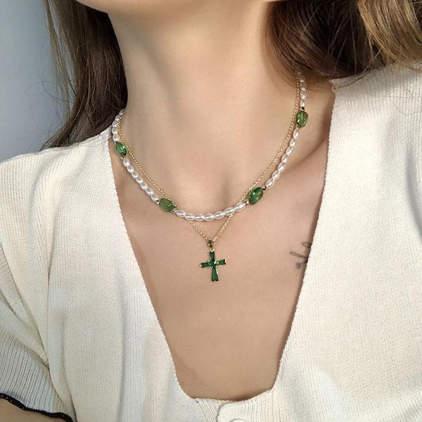 pendant necklaces 2/piece suit emerald stone cross necklace pearl beads strand short clavicle chain jewelry gift for women, Silver
pendant necklaces 2/piece suit emerald stone cross necklace pearl beads strand short clavicle chain jewelry gift for women, Silver