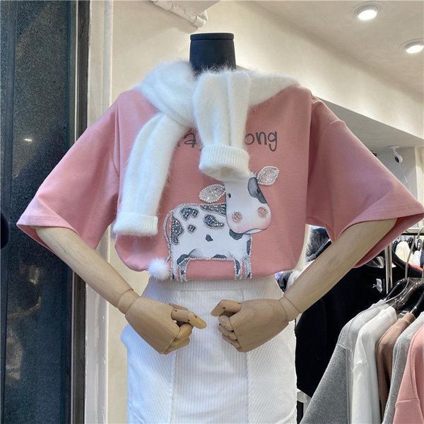 women's t-shirt 2021 spring summer mid-length beaded cow short-sleeved female korean version loose bottoming shirt brushed top, White
women's t-shirt 2021 spring summer mid-length beaded cow short-sleeved female korean version loose bottoming shirt brushed top, White