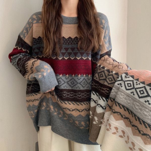 2021 new spring and autumn retro jacquard striped casual wild pullover round neck knitted sweater women 1bvp, White;black
2021 new spring and autumn retro jacquard striped casual wild pullover round neck knitted sweater women 1bvp, White;black