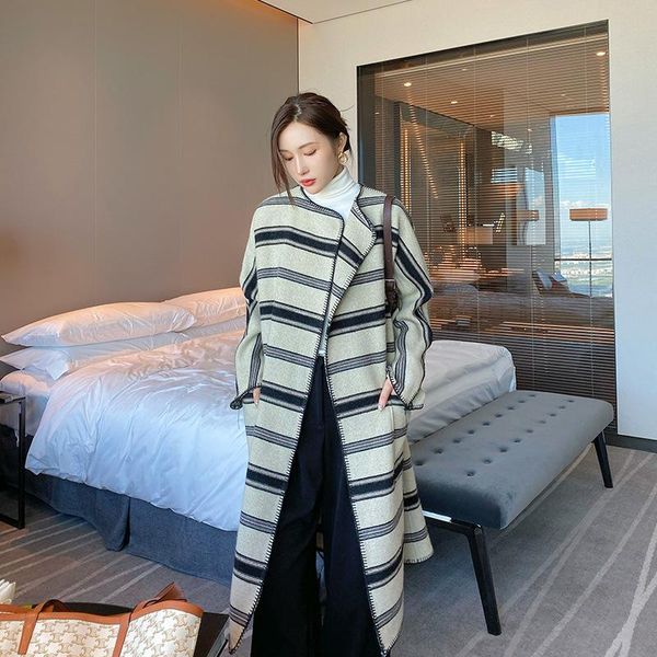 women's wool & blends 2021 fashion brand long loose double-sided woolen coat striped jacket oversize christms korean vestido clothes, Black
women's wool & blends 2021 fashion brand long loose double-sided woolen coat striped jacket oversize christms korean vestido clothes, Black