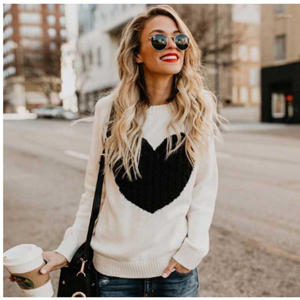 contrast color love heart pullovers autumn women's loose sweet knitted jumpers black knitting sweaters plus size, White;black 
contrast color love heart pullovers autumn women's loose sweet knitted jumpers black knitting sweaters plus size, White;black