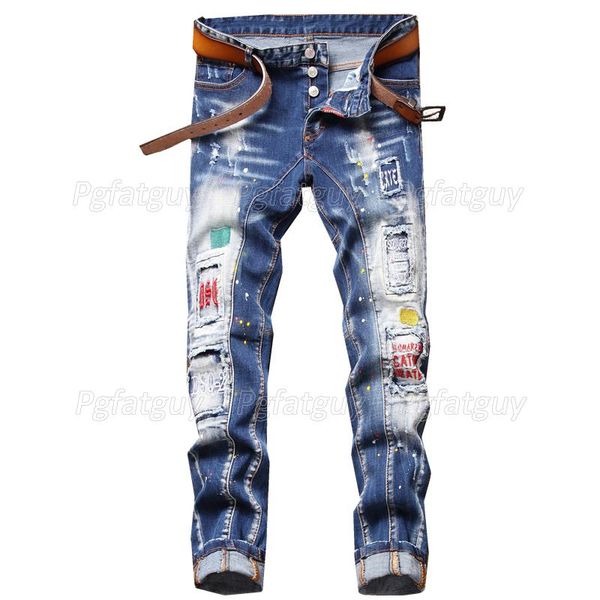 men's jeans european biker tattered white patch denim pants letter embroidered paint inkjet pantalons pour hommes, Blue
men's jeans european biker tattered white patch denim pants letter embroidered paint inkjet pantalons pour hommes, Blue