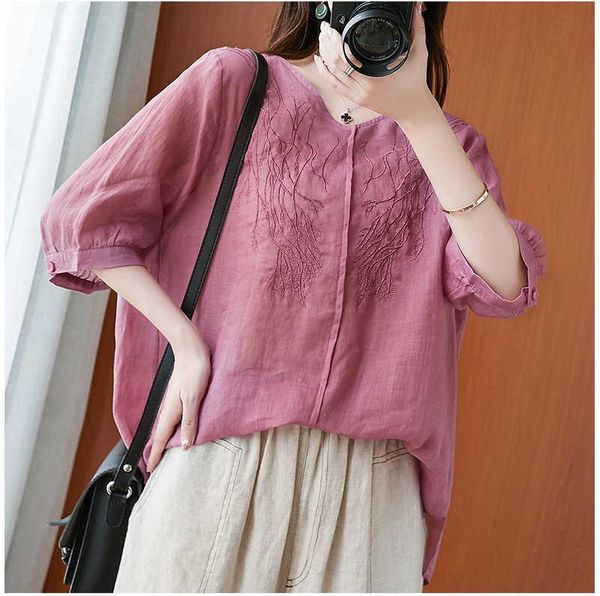 women's blouses & shirts literature and art embroidery linen cotton lantern sleeve shirt loose v-neck short summer ramie, White