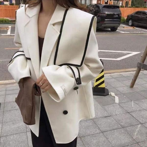 women's wool & blends 2021 fall winter korean chic elegant coat vintage sailor collar double breasted jacket contrast color patchwork o, Black
women's wool & blends 2021 fall winter korean chic elegant coat vintage sailor collar double breasted jacket contrast color patchwork o, Black