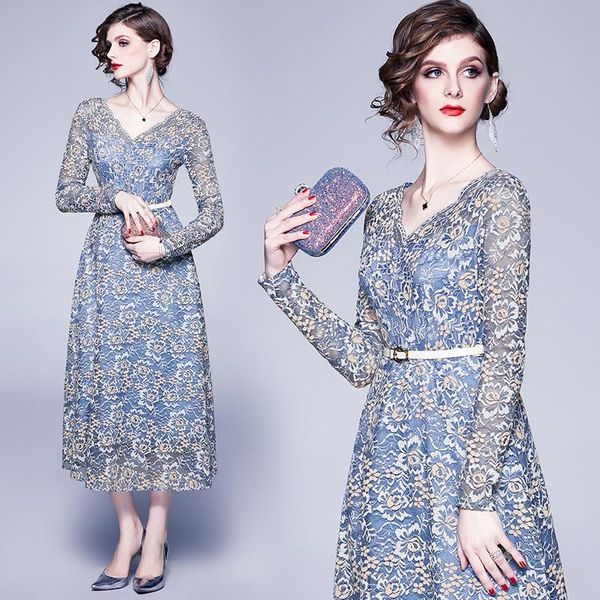 casual dresses autumn women long sleeve party dress luxury elegant ladies blue lace flocking v neck office vestidos belt, Black;gray
casual dresses autumn women long sleeve party dress luxury elegant ladies blue lace flocking v neck office vestidos belt, Black;gray