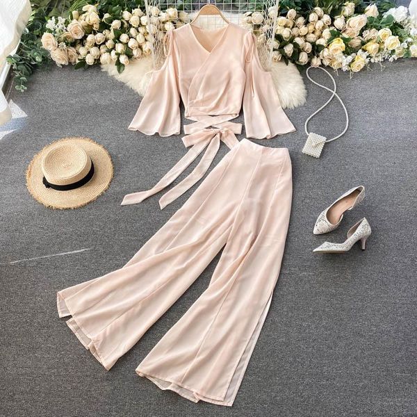 women's tracksuits bandage cropped cardigan blouse women two pieces set wide leg high waist pants female summer elegant solid suit outf, Gray
women's tracksuits bandage cropped cardigan blouse women two pieces set wide leg high waist pants female summer elegant solid suit outf, Gray