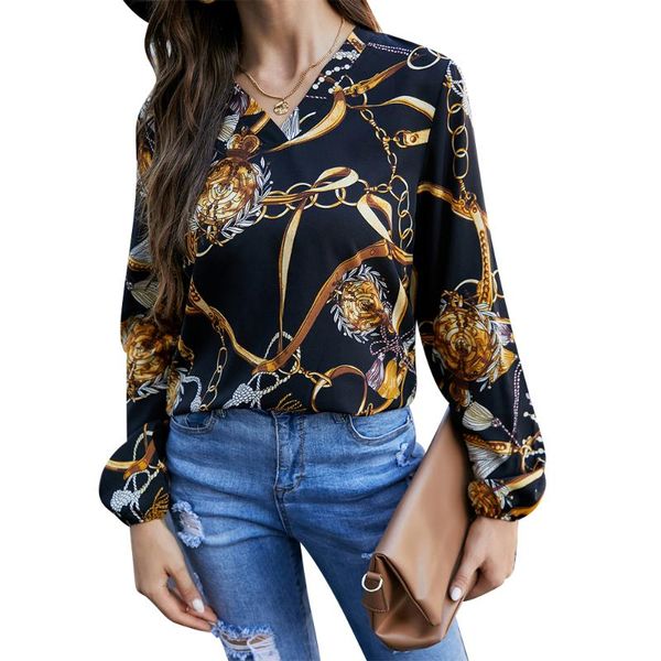 women's blouses & shirts gold floral blouse v-neck chiffon womens autumn commute spring office loose long sleeve shirt casual ladies, White 
women's blouses & shirts gold floral blouse v-neck chiffon womens autumn commute spring office loose long sleeve shirt casual ladies, White