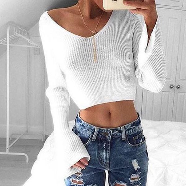 women's t-shirt knitted women short crop sweater jumper girls knitting flare sleeve shirts tees fashion style, White
women's t-shirt knitted women short crop sweater jumper girls knitting flare sleeve shirts tees fashion style, White