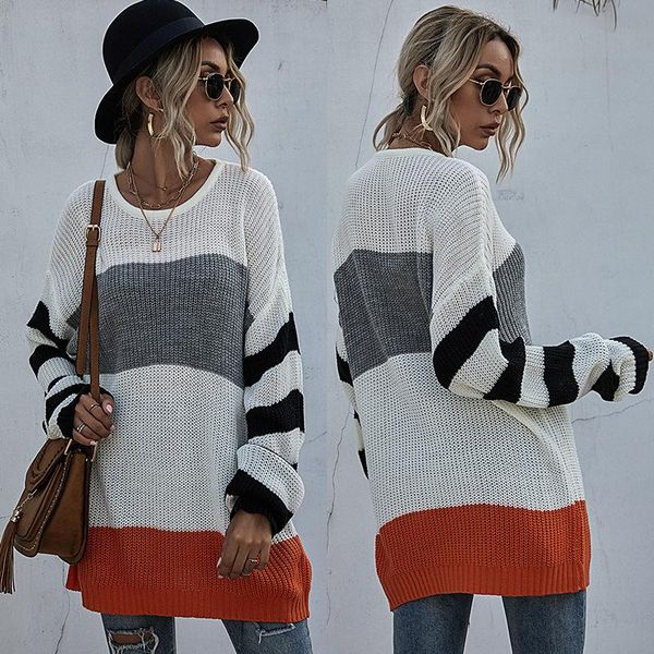 women's sweaters european and american striped round neck knitted sweater pullover loose splicing fall / winter 2021, White;black
women's sweaters european and american striped round neck knitted sweater pullover loose splicing fall / winter 2021, White;black