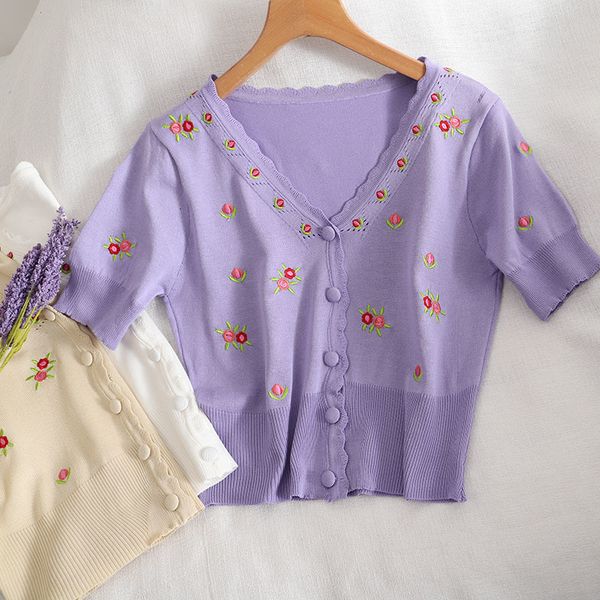 2021 new knit cardigan white color floral embroidery t-shirts v neck button front women crop summer tees ag6p
2021 new knit cardigan white color floral embroidery t-shirts v neck button front women crop summer tees ag6p