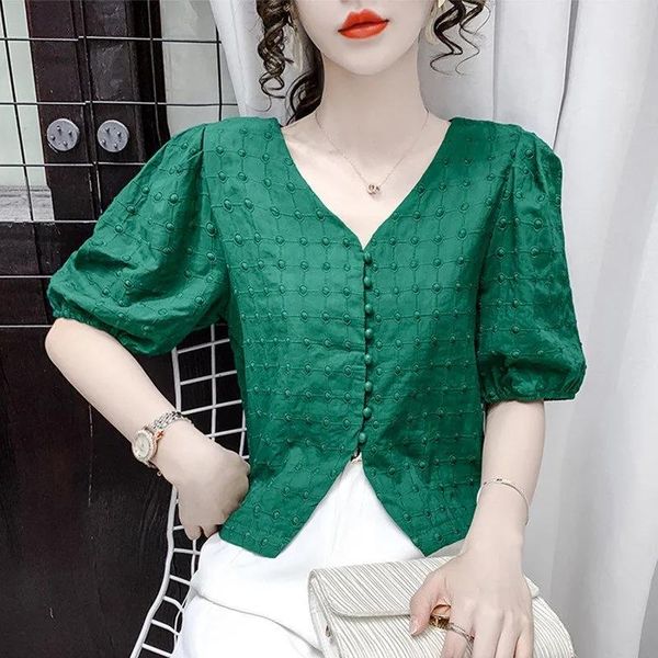 women's blouses & shirts french bubble sleeve shirt summer style slim high waist v-neck exposed clavicle design fashion top, White
women's blouses & shirts french bubble sleeve shirt summer style slim high waist v-neck exposed clavicle design fashion top, White