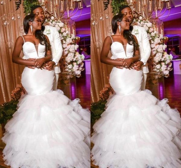 african plus size mermaid wedding dresses with spaghetti straps satin plunging sheer v neck lace applique tiered skirt tulle wedding gown, White
african plus size mermaid wedding dresses with spaghetti straps satin plunging sheer v neck lace applique tiered skirt tulle wedding gown, White