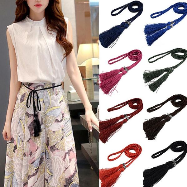 women waist belt rope female knot decorated waistband chinese style braided woven tassel thin belt casual solid black belts, Black;brown
women waist belt rope female knot decorated waistband chinese style braided woven tassel thin belt casual solid black belts, Black;brown