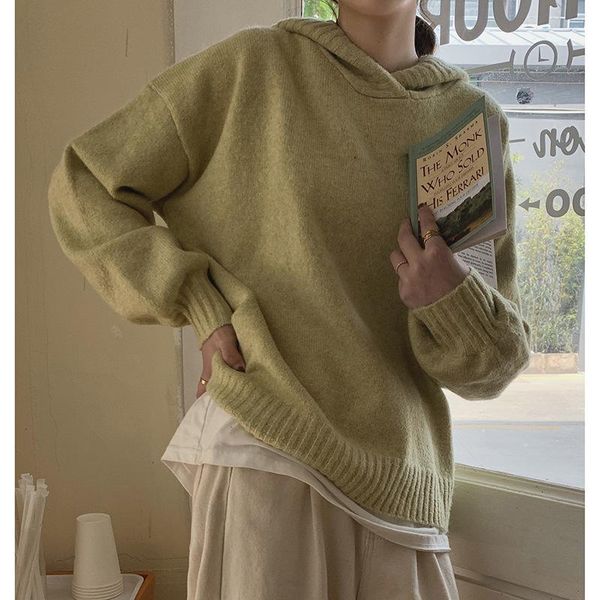 women's sweaters solid color hooded pullover sweater women autumn winter 2021 loose simple outerwear oversized long sleeve knitted jump, White;black 
women's sweaters solid color hooded pullover sweater women autumn winter 2021 loose simple outerwear oversized long sleeve knitted jump, White;black