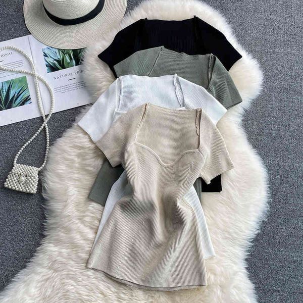 shaped tube neckline design white knitted short-sleeved t-shirt female stretch slim and careful machine 210525
shaped tube neckline design white knitted short-sleeved t-shirt female stretch slim and careful machine 210525
