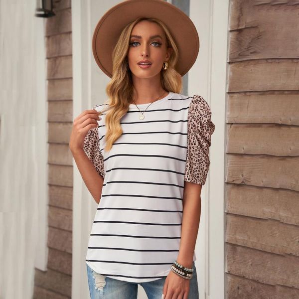 women's t-shirt shiying stripe summer style bubble sleeve splicing round neck short 2522367, White
women's t-shirt shiying stripe summer style bubble sleeve splicing round neck short 2522367, White