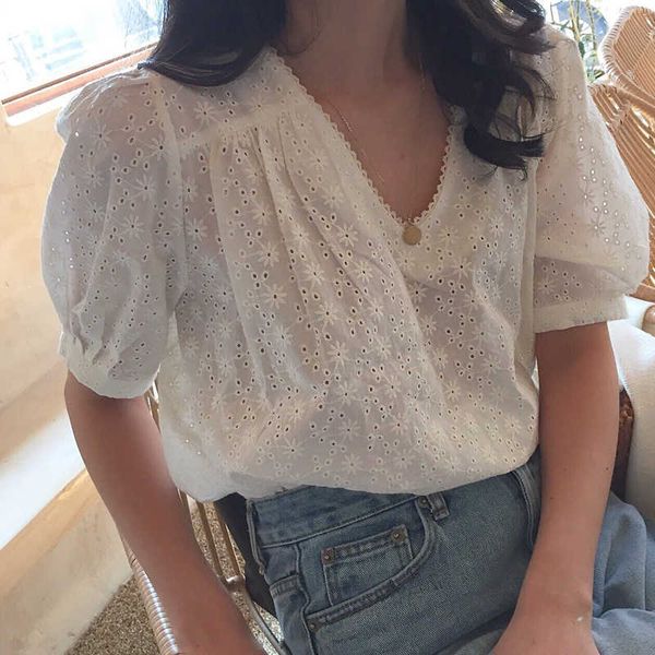 women's loose lace blouse shirt ladies summer short sleeve casual v neck costume solid clothes fashion 210601, White
women's loose lace blouse shirt ladies summer short sleeve casual v neck costume solid clothes fashion 210601, White