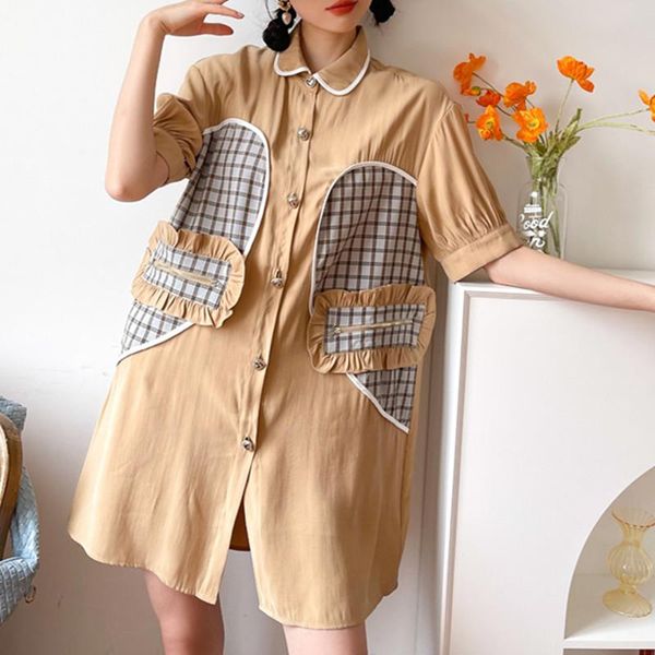 women's blouses & shirts bubble short sleeve turn-down collar plaid print patchwork loose female straight single breasted contrast ruff, White
women's blouses & shirts bubble short sleeve turn-down collar plaid print patchwork loose female straight single breasted contrast ruff, White