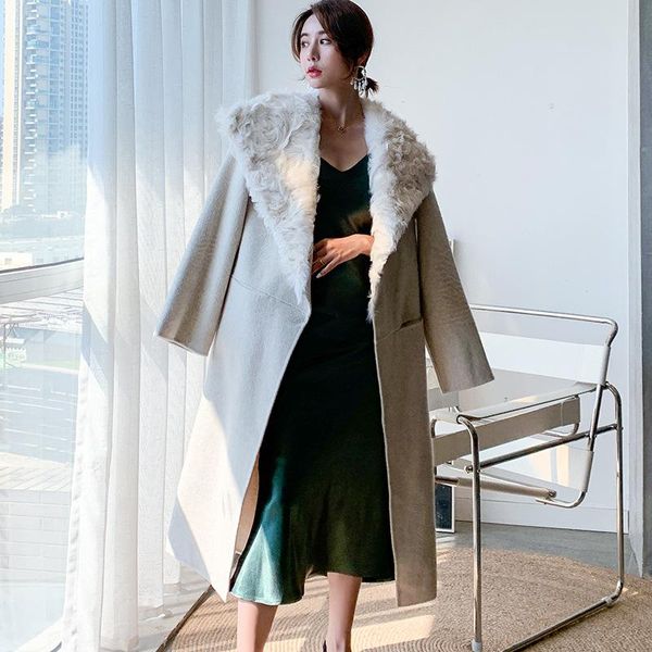 women's wool & blends 2021 cashmere blend double-sided big turn down collar genuine fur coat with belt korean style elegant fashion, Black
women's wool & blends 2021 cashmere blend double-sided big turn down collar genuine fur coat with belt korean style elegant fashion, Black