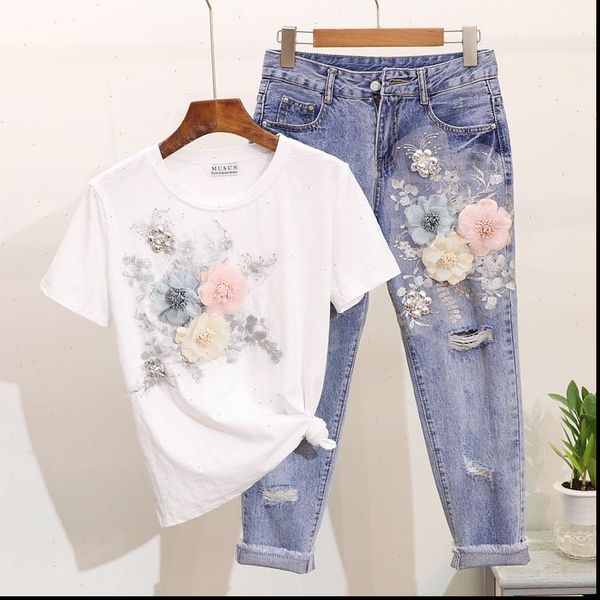 new summer 2 piece set women heavy work embroidery 3d flower tshirts hole jeans 2pcs clothes sets casual suits outfits my1385, Gray
new summer 2 piece set women heavy work embroidery 3d flower tshirts hole jeans 2pcs clothes sets casual suits outfits my1385, Gray
