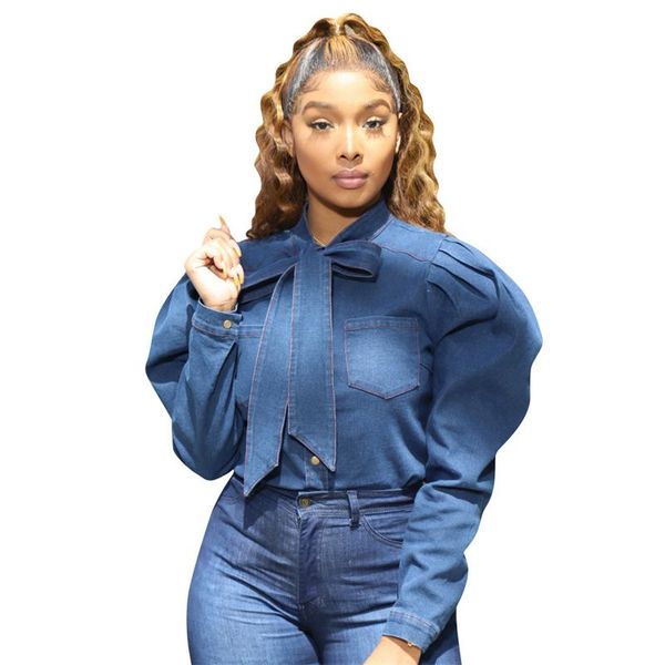 women's blouses & shirts casual bandage bowknot jeans denim shirt long sleeve for women full autumn winter female streetwear slim, White
women's blouses & shirts casual bandage bowknot jeans denim shirt long sleeve for women full autumn winter female streetwear slim, White