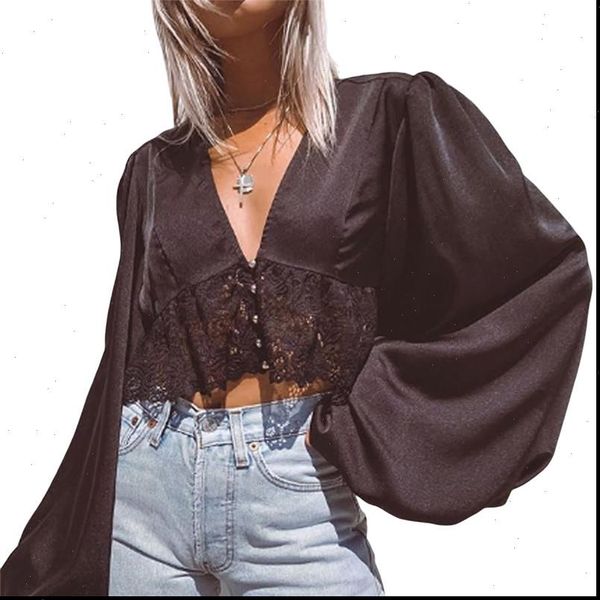 women long lantern sleeve blouse fashion beach office lady shirt crop deep v neck lace floral blusa fall spring 2021, White
women long lantern sleeve blouse fashion beach office lady shirt crop deep v neck lace floral blusa fall spring 2021, White