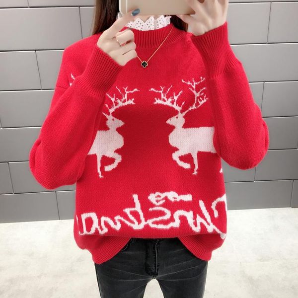 women's sweaters 2021 autumn winter cartoon deer printed knit sweater women fashion high lace collar long sleeve pullover female, White;black 
women's sweaters 2021 autumn winter cartoon deer printed knit sweater women fashion high lace collar long sleeve pullover female, White;black