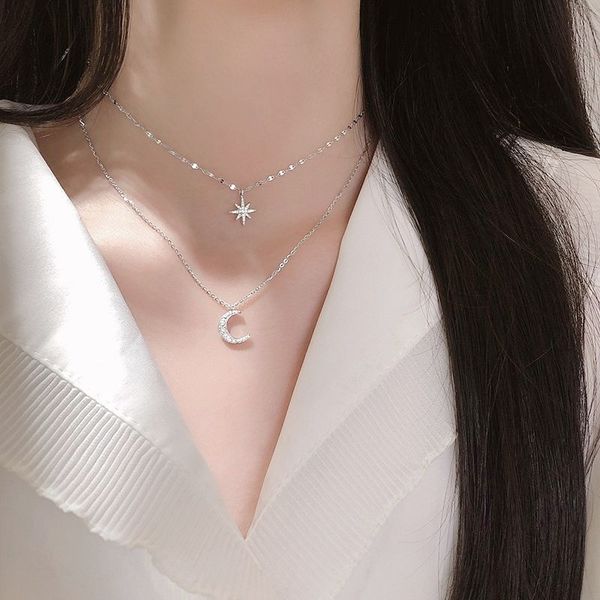 fashion silver plated moon and star double layer chain link pendant necklaces for women fine jewelry
fashion silver plated moon and star double layer chain link pendant necklaces for women fine jewelry