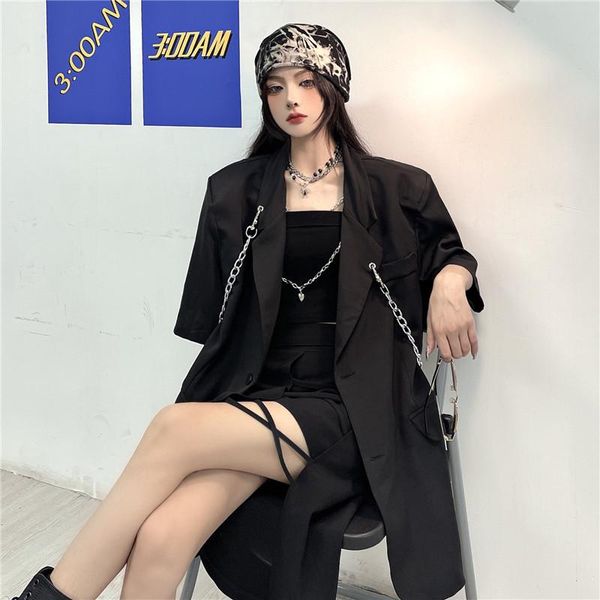 women's suits & blazers design short-sleeved suit niche stitching mesh chain loose jacket tide in summer of 2021, White;black
women's suits & blazers design short-sleeved suit niche stitching mesh chain loose jacket tide in summer of 2021, White;black