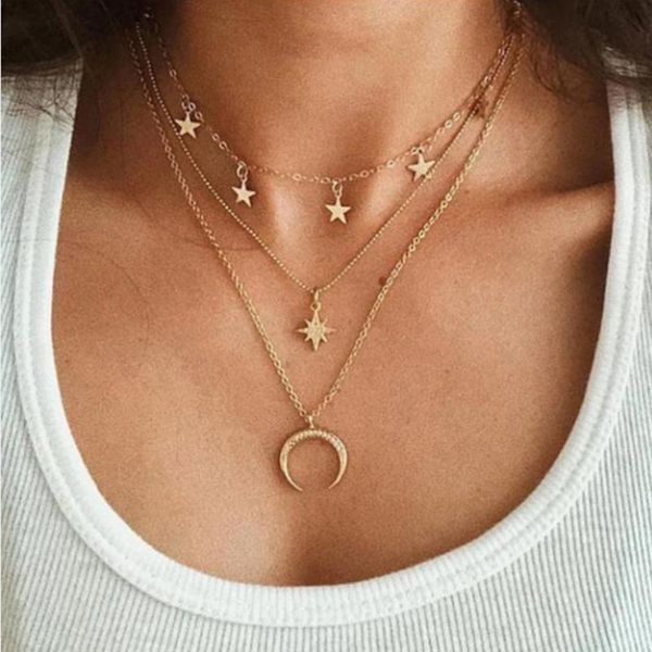 pendant necklaces multi layers necklace moon star with crystal setting metal chain gold color plated for accessory shop women gift, Silver
pendant necklaces multi layers necklace moon star with crystal setting metal chain gold color plated for accessory shop women gift, Silver