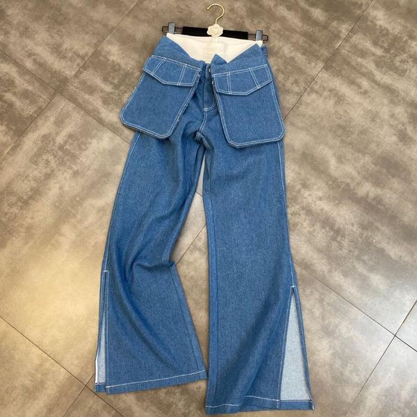 women's jeans zcsmll autumn stitching double waist contrast color big pockets decorated with slit ins street high 2021 tide, Blue 
women's jeans zcsmll autumn stitching double waist contrast color big pockets decorated with slit ins street high 2021 tide, Blue