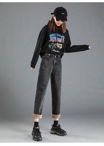 women's jeans women solid color denim pants, thick plush elastic buttoned waist wide clothing, Blue
women's jeans women solid color denim pants, thick plush elastic buttoned waist wide clothing, Blue