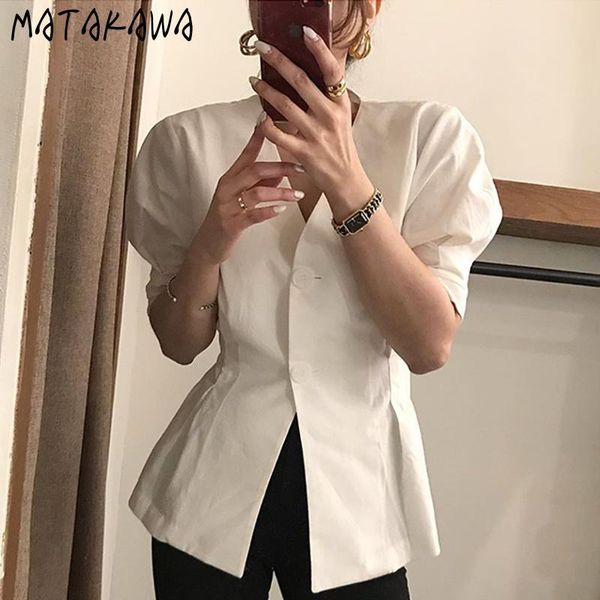 women's blouses & shirts matakawa solid ladies korean summer women v-neck two-button blouse slim waist sleeve blusas mujer de moda, White
women's blouses & shirts matakawa solid ladies korean summer women v-neck two-button blouse slim waist sleeve blusas mujer de moda, White