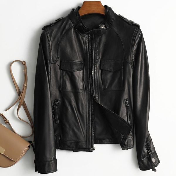 women's leather & faux short 2021 autumn sheepskin motorcycle suit stand collar jacket slim small coat, Black
women's leather & faux short 2021 autumn sheepskin motorcycle suit stand collar jacket slim small coat, Black