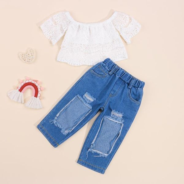clothing sets 1-7y summer fashion toddler kids baby girls clothes mesh lace off shoulder denim long pants 2pcs outfit, White
clothing sets 1-7y summer fashion toddler kids baby girls clothes mesh lace off shoulder denim long pants 2pcs outfit, White
