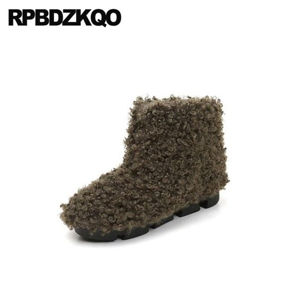 boots round toe black furry fur casual shoes short fluffy ankle flat women winter 2021 chinese green booties slip on